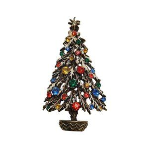 Vintage ART Signed Snowy Christmas Tree Brooch Pin With Colorful Rhinestones